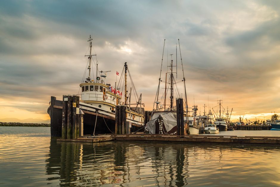 Tranquil view of fishing boats at Steveston Harbor, Richmond, BC, during sunset.